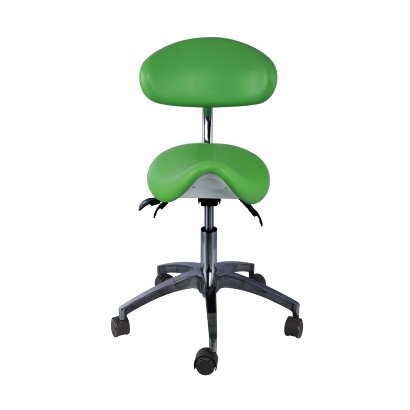 5 roues universelles Tabouret dentaire Couleur verte Base métallique Chaise de selle dentaire